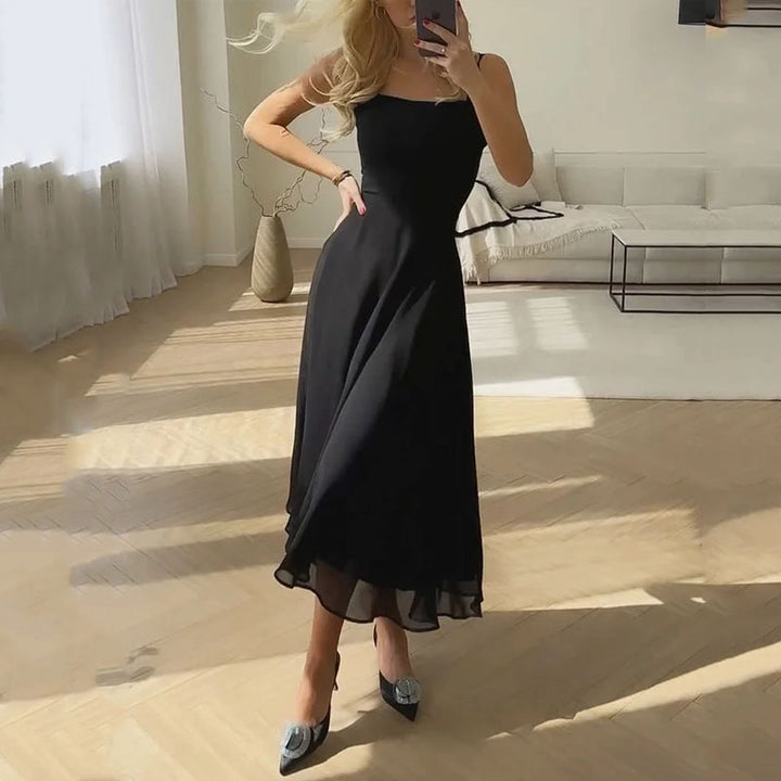Women's Classic Square Neckline Midi-Length Wedding Guest Dress