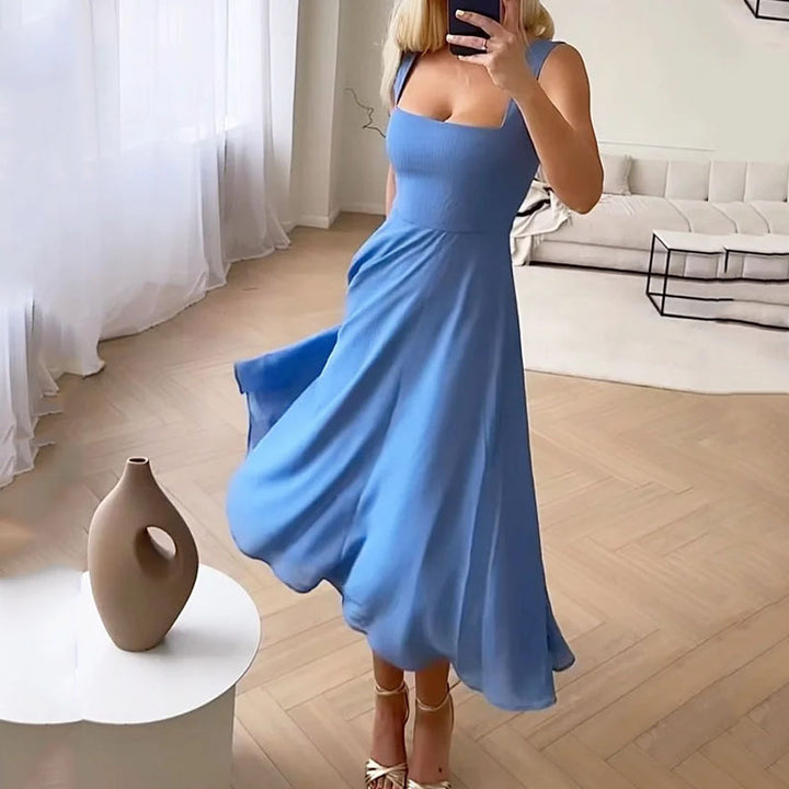 Women's Classic Square Neckline Midi-Length Wedding Guest Dress