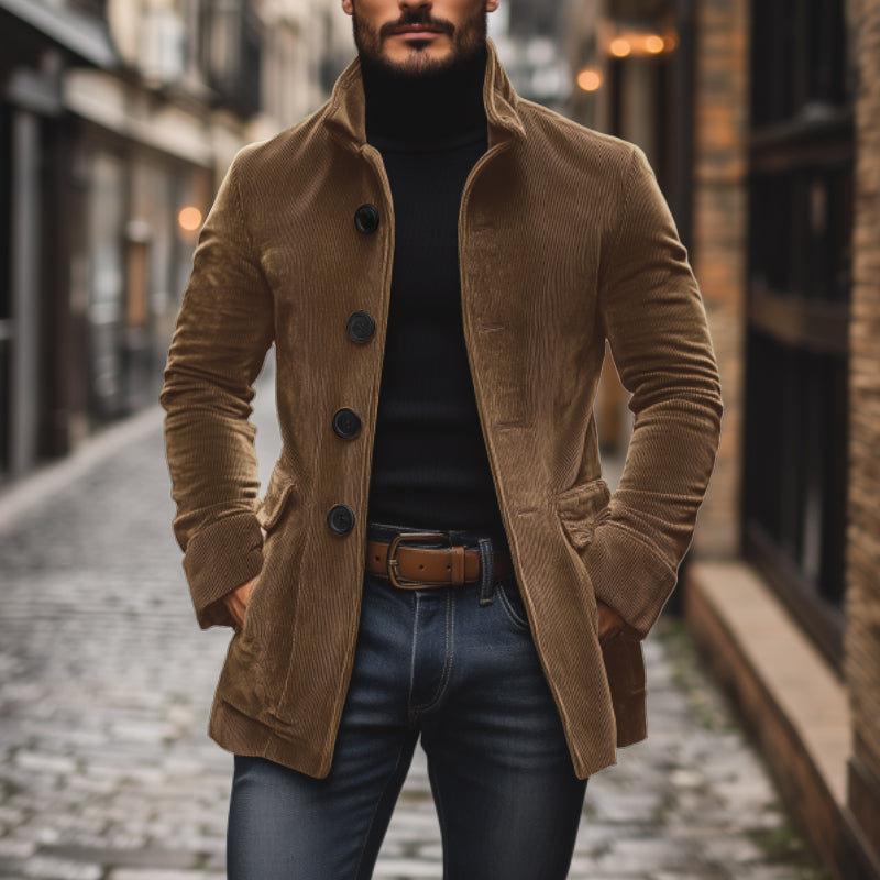 Men's Practical Slim Fit Warm Corduroy Coat with Stand-Up Collar and Side Pockets