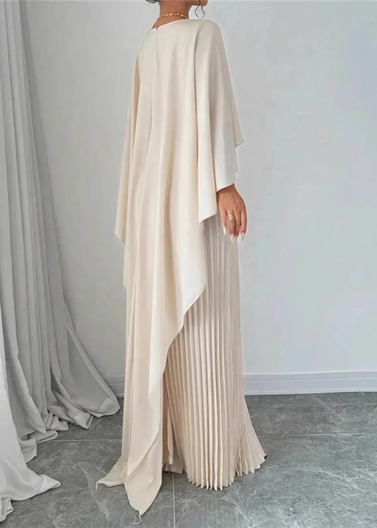Women’s Pleated Cape Overlay Maxi Dress Elegant Evening Wear