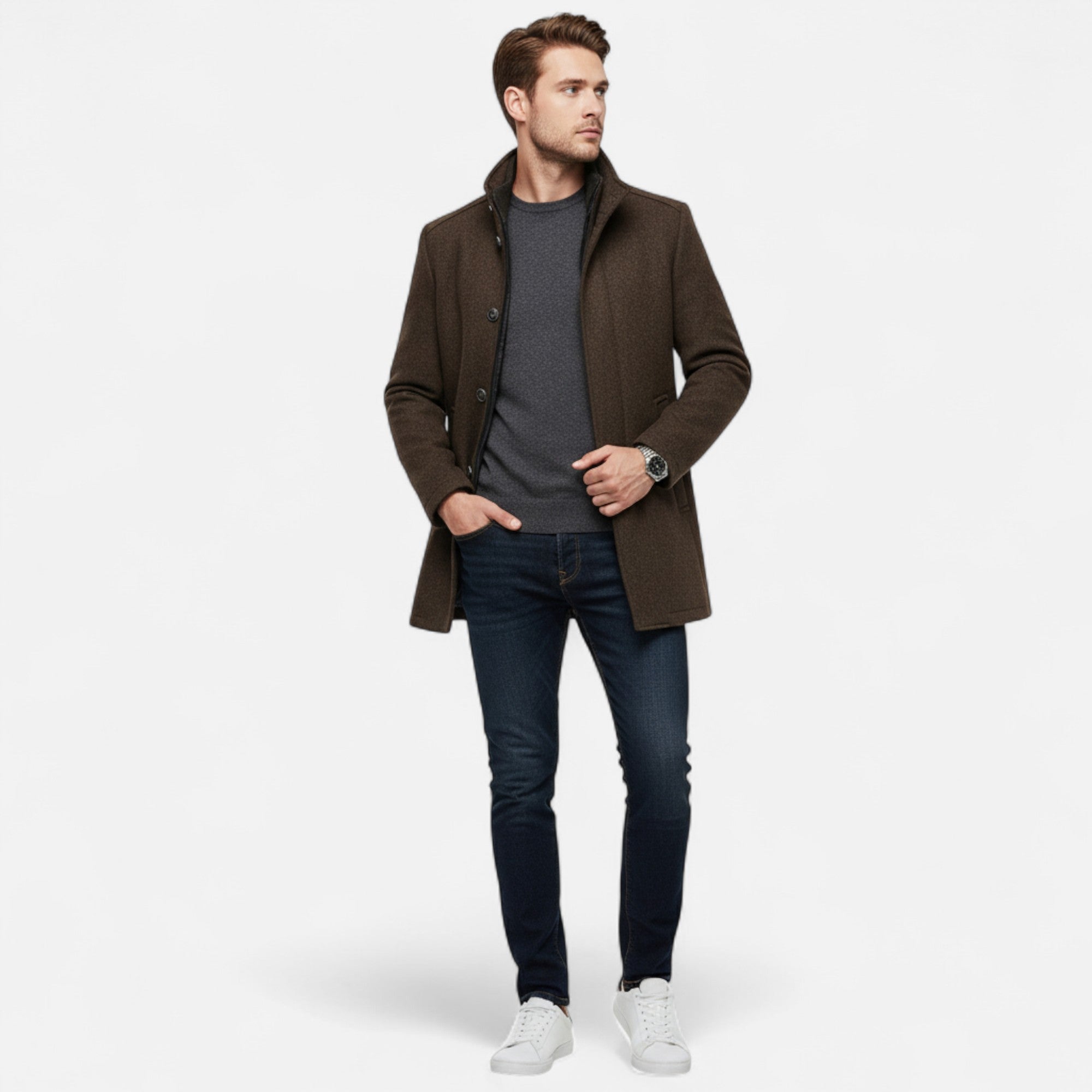 Men’s Classic Long Formal Warm Overcoat with Vest Panel