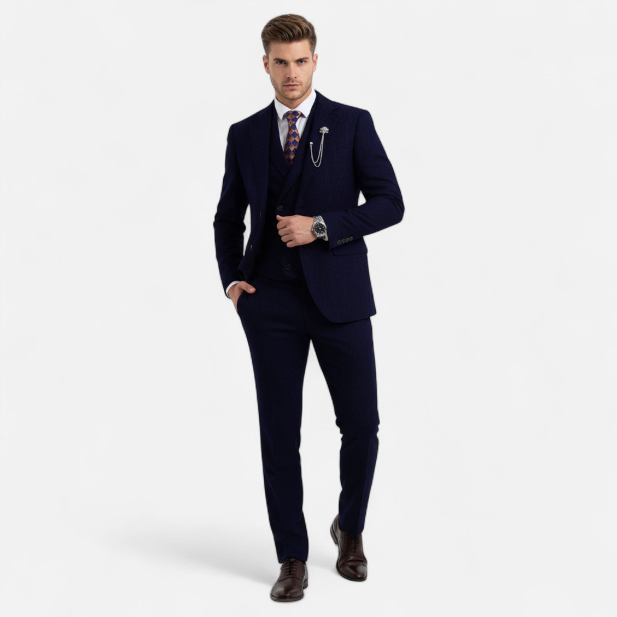 Men’s Tweed Herringbone Formal Business Suit - Complete 3-Pieces Set