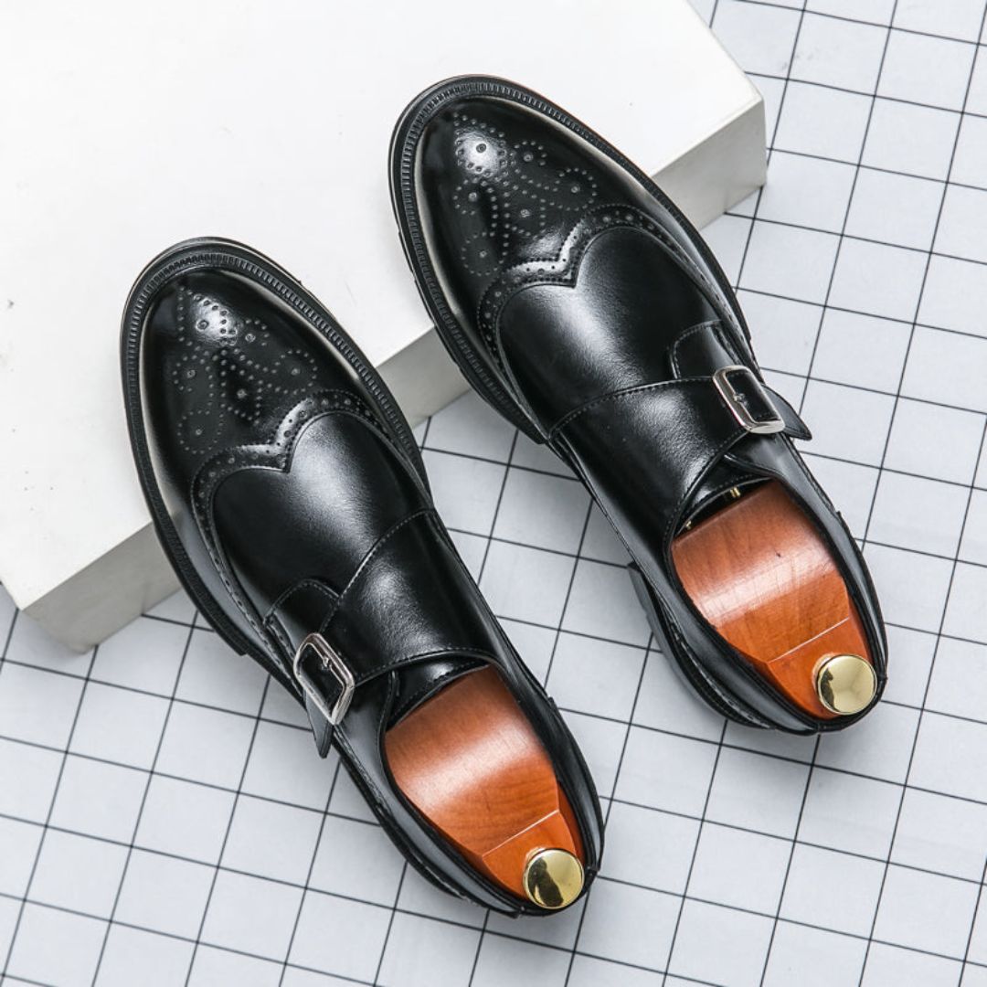 Men’s Stylish Formal Business Slip-on Wingtip Brogue Accents Shoes with Adjustable Buckle Closure