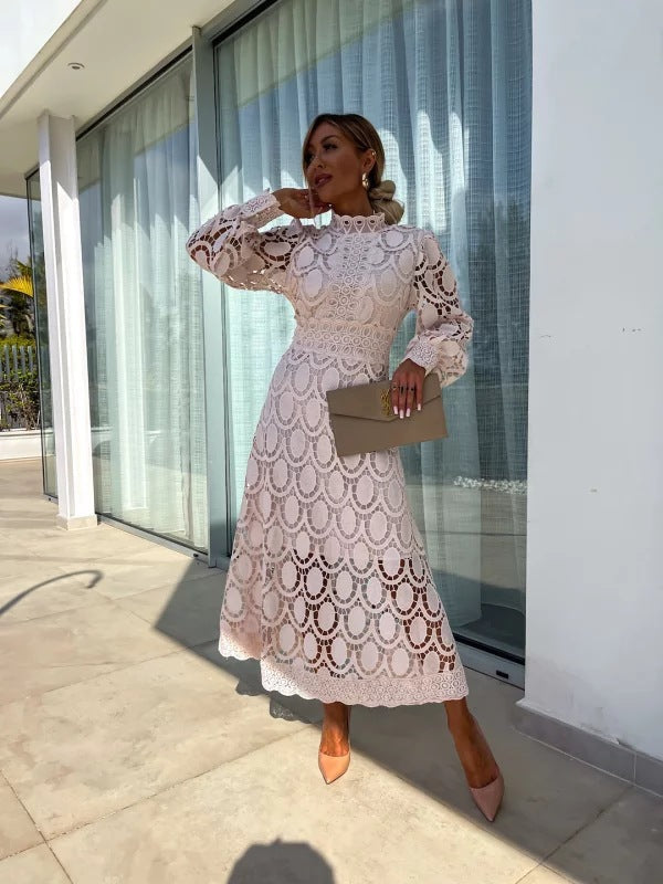 Women's Celestial Puffed Sleeves Lace Midi Dress