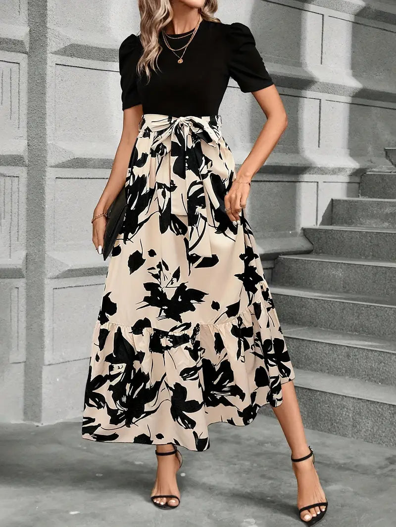 Women's Modern Printed Botanical Patterns Maxi Dress with Waist Belt and Crew Neckline