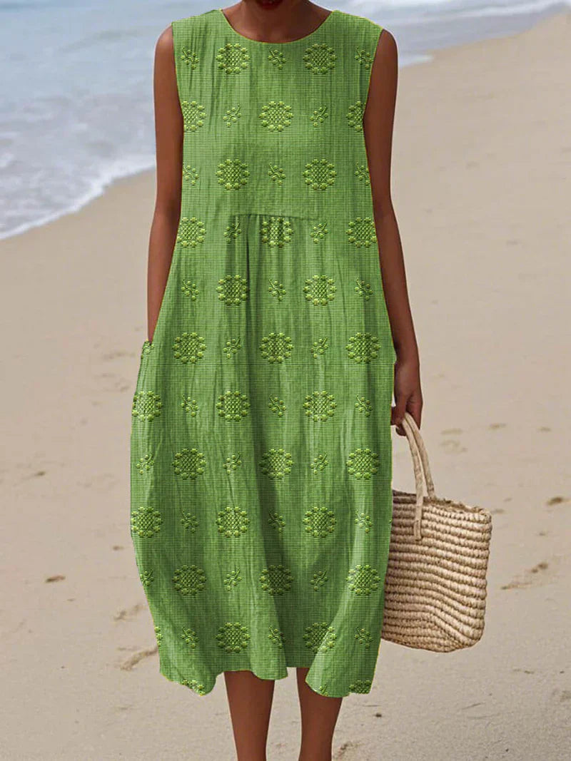 Fashion Flowing Sleeveless Floral Embroidered Midi Dress for Women
