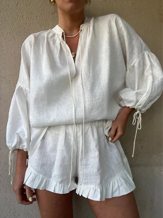 Women's Ruffle Two-Piece Lounge Set with Adjustable Tie Sleeves