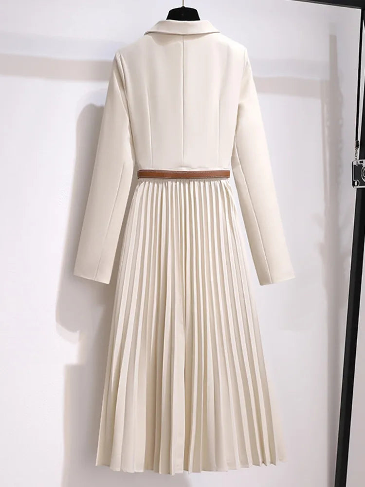 Women's Versatile Pleated A-Line Belted Midi Dress with Blazer Top