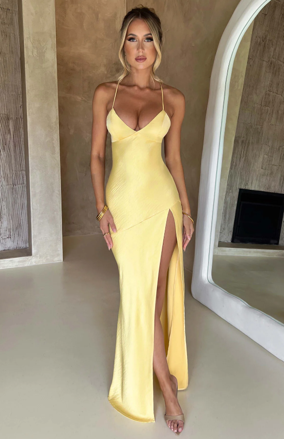 Women's Fashion Sleek Slit Maxi Dress with Thigh-High Slit with Delicate Spaghetti Straps