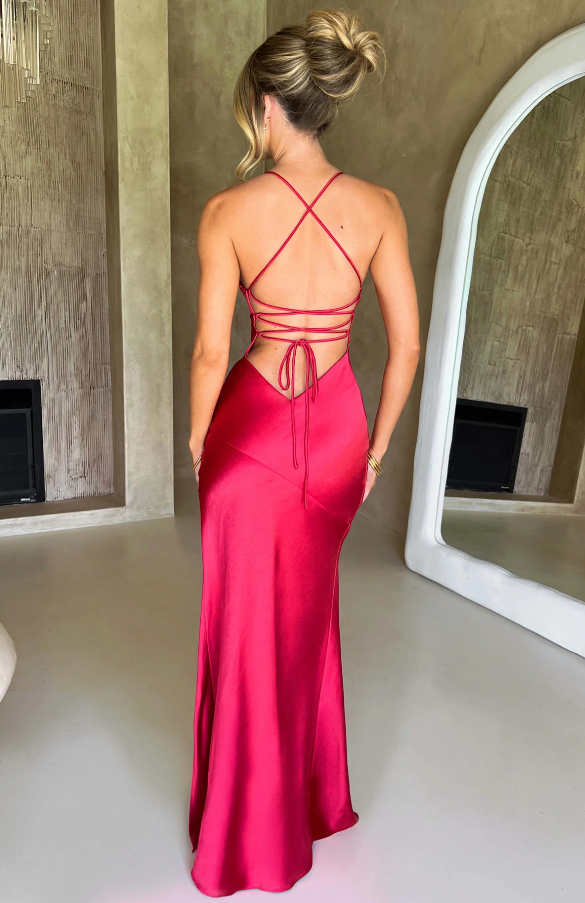 Women's Fashion Sleek Slit Maxi Dress with Thigh-High Slit with Delicate Spaghetti Straps