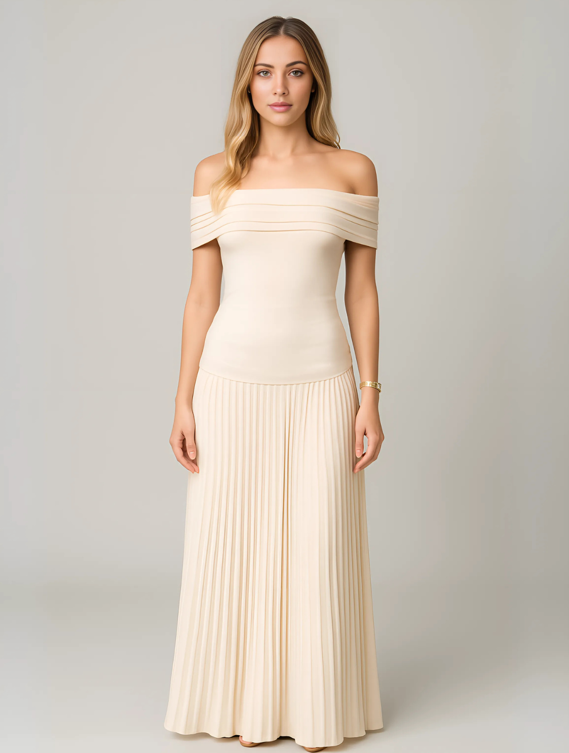 Women Classic Trendy Off-Shoulder Occasion Pleated Maxi Wedding Guest Dress