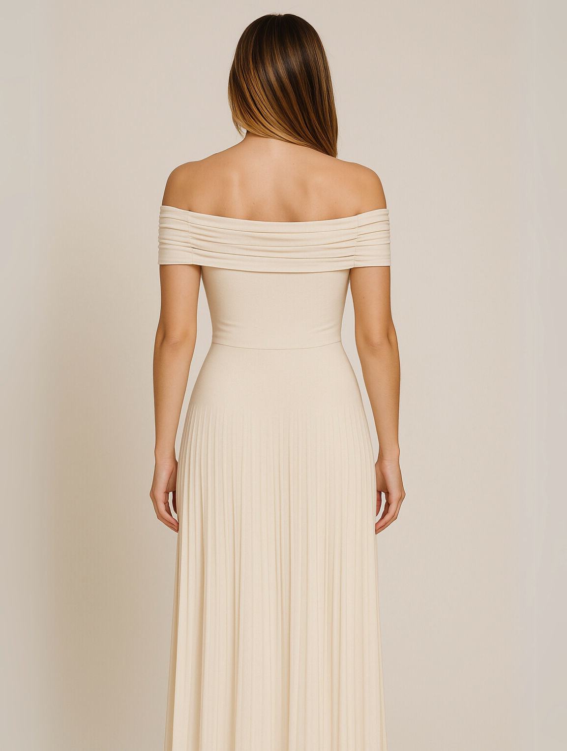 Women Classic Trendy Off-Shoulder Occasion Pleated Maxi Wedding Guest Dress