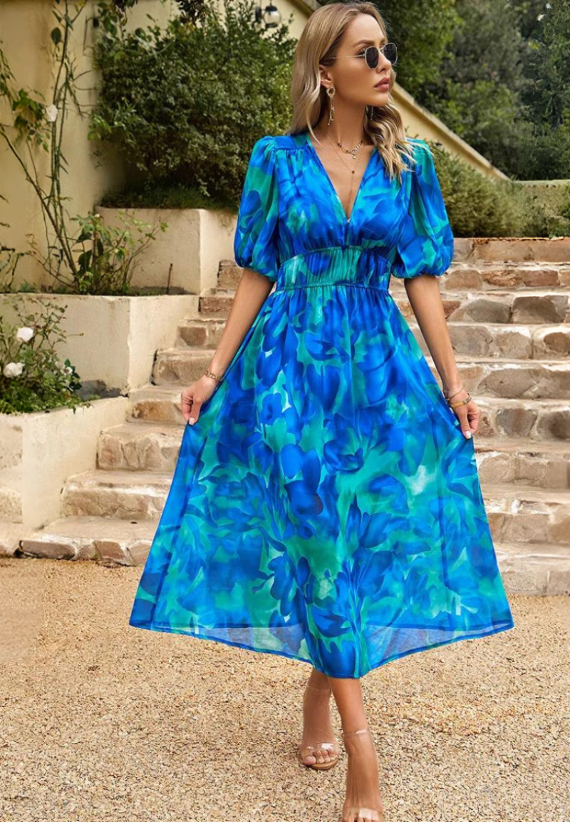 Women's Fashion Summer Floral Print Midi Dress with Puff Sleeves
