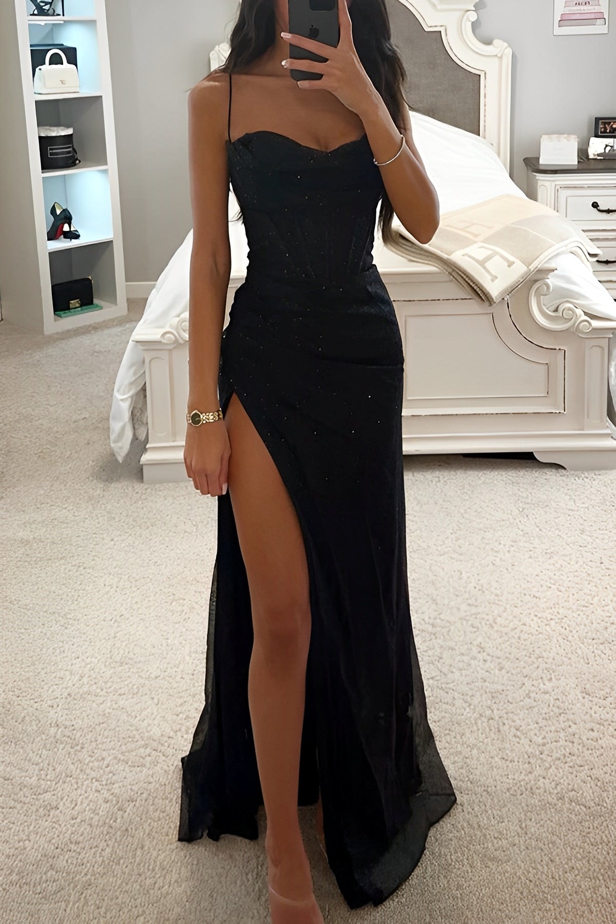 Women’s Corset Style Maxi Dress High Slit and Strappy Design