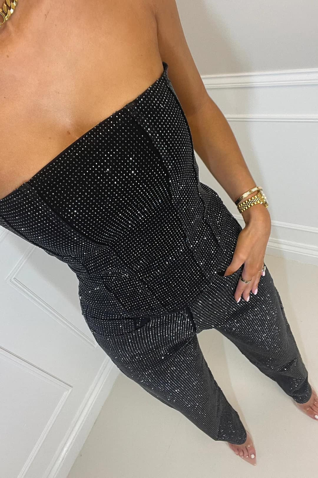 Women's Strapless Glitter Set - Elegant Top and High-Waist Trouser