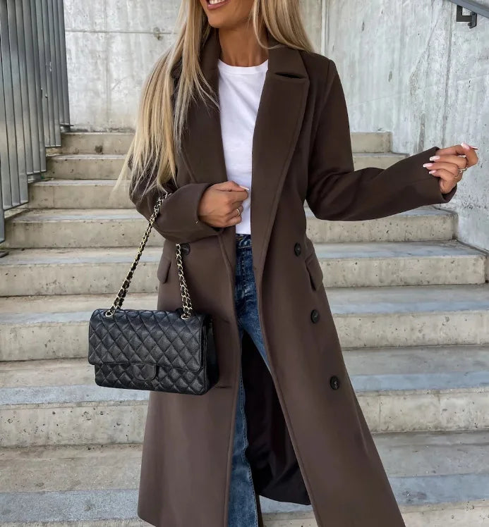 Women’s Long Coat Notched Collar Double Breasted Design