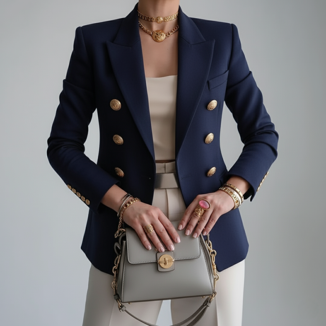 Women's Classic Business Formal Blazer with Gold Buttons and Notch Lapel