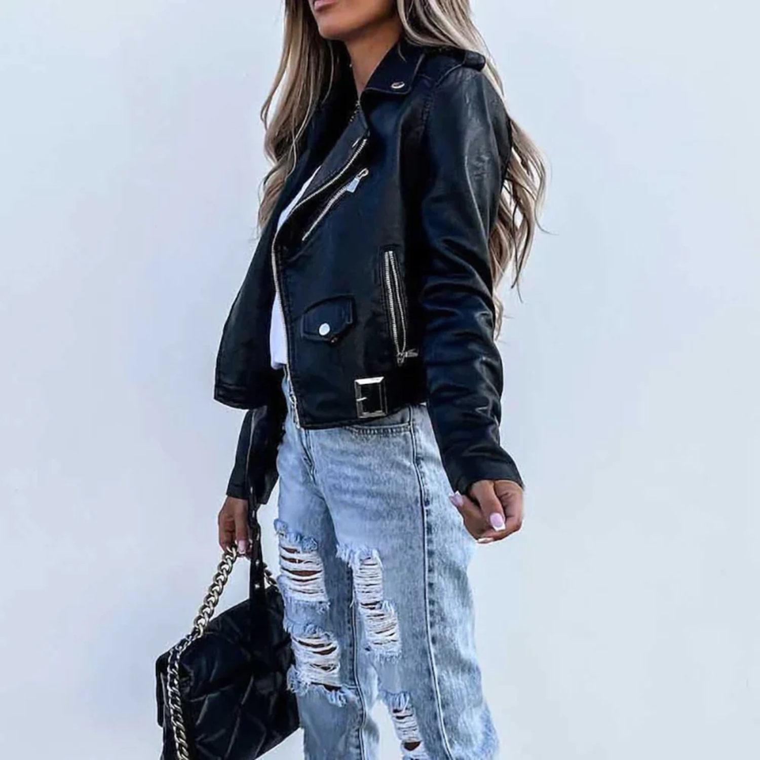 Women's Exquisite Belted Rider Jacket with Multiple Zipper Pockets and Stand-Up Collar
