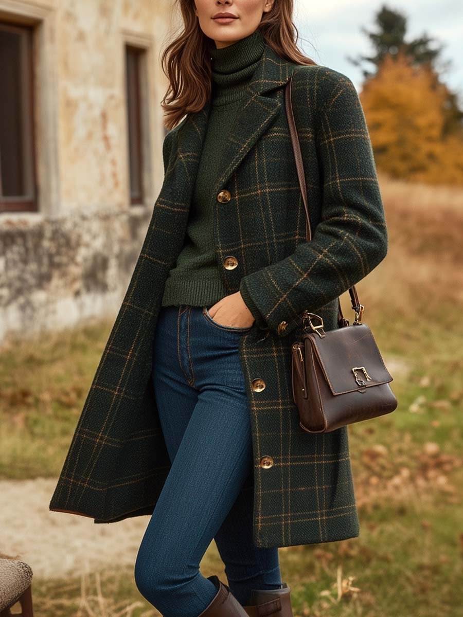 Women's Timeless Warm Insulation Long Fitted Checked Coat