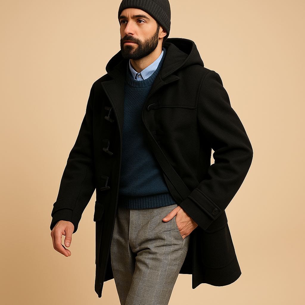 Men's Modern Long Optimal Protection Warm Coat with Front Fastening & Side Pockets