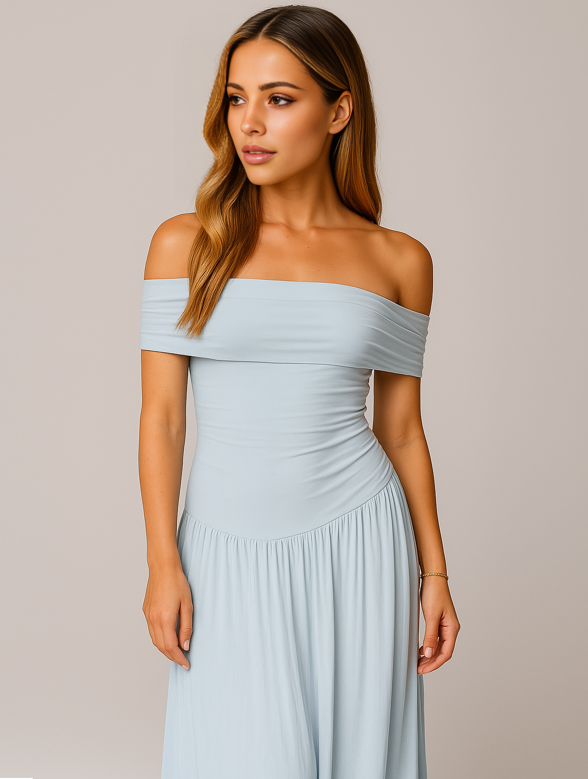 Women Classic Trendy Off-Shoulder Occasion Pleated Maxi Wedding Guest Dress