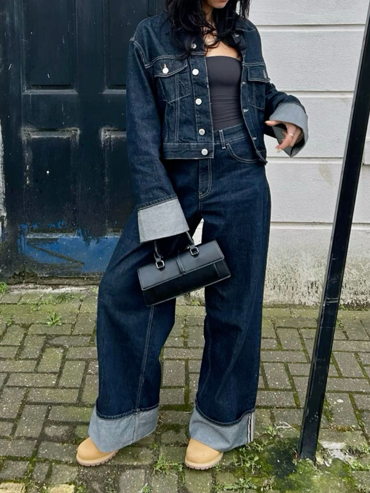 Women's Trendy Fashion Denim Set – Short Jacket & Wide-Leg Jeans