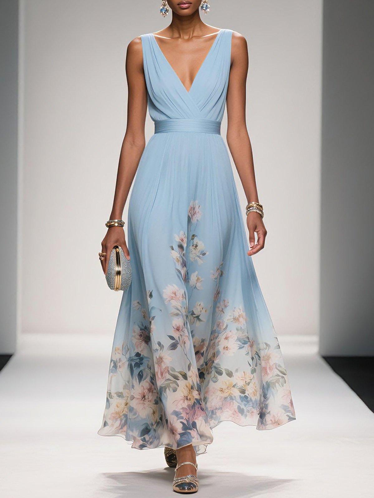 Women Elegant Celebration Floral Print Wedding Guest Dress