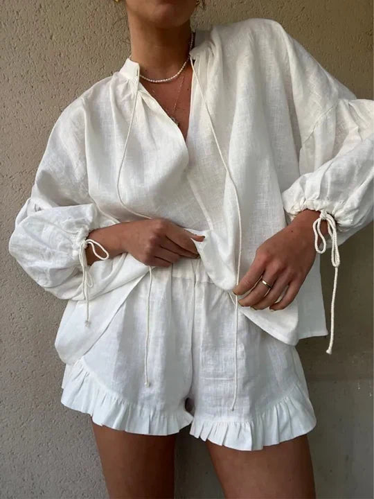 Women's Ruffle Two-Piece Lounge Set with Adjustable Tie Sleeves