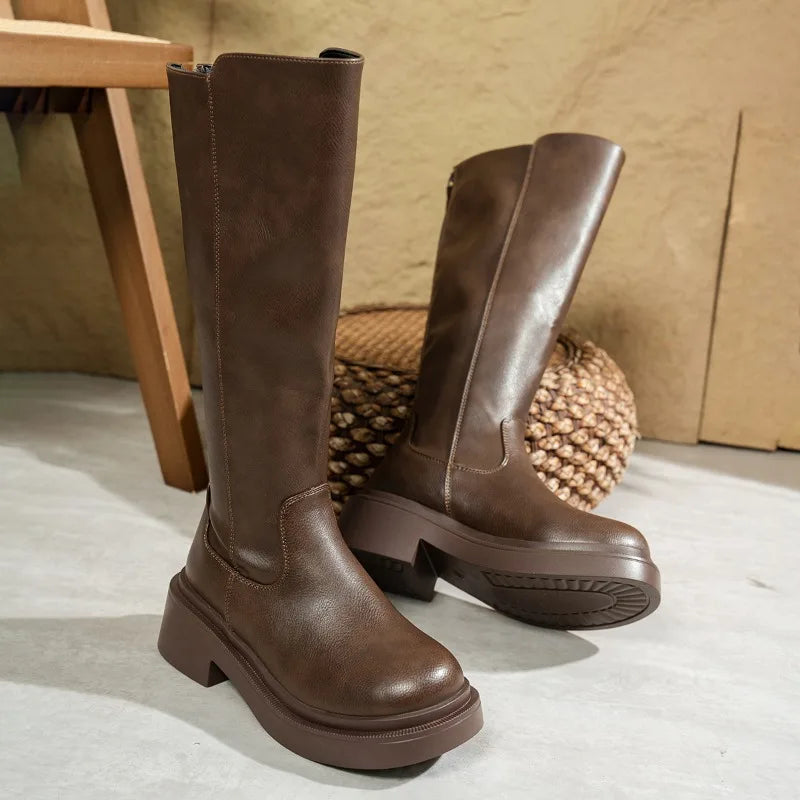 Women’s Exquisite Sturdy Leather Knee-High Boots with Heels