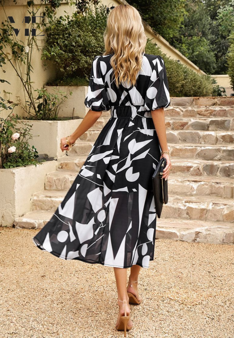 Women's Fashion Summer Floral Print Midi Dress with Puff Sleeves