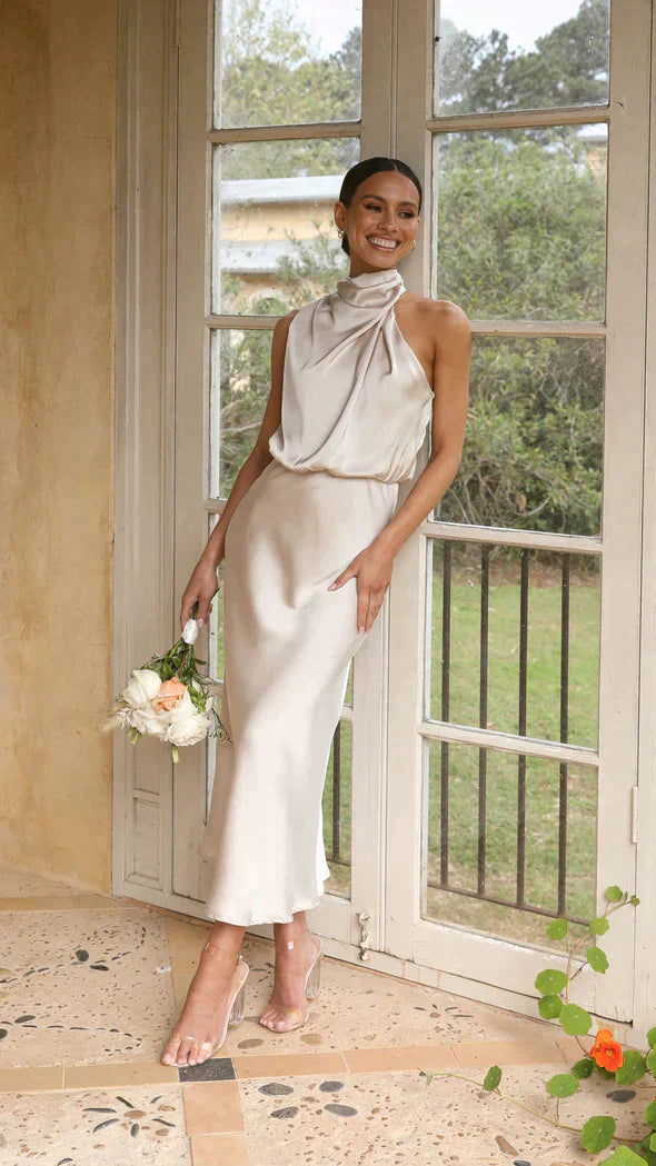 Women's Long Halter Formal Wedding Guest Bridesmaid Dress for All Occasion