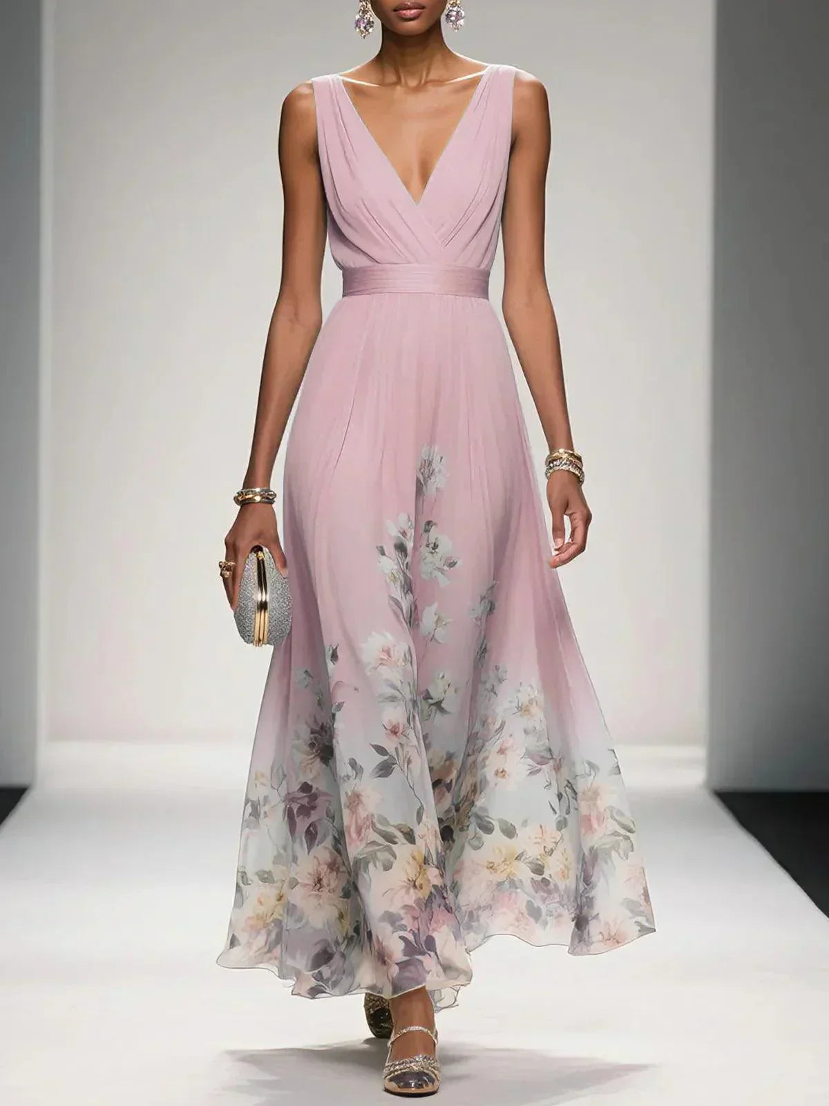 Women Elegant Celebration Floral Print Wedding Guest Dress