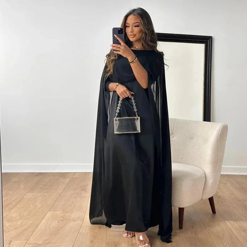 Women's Elegant Cape Maxi Length Wedding Guest Dress
